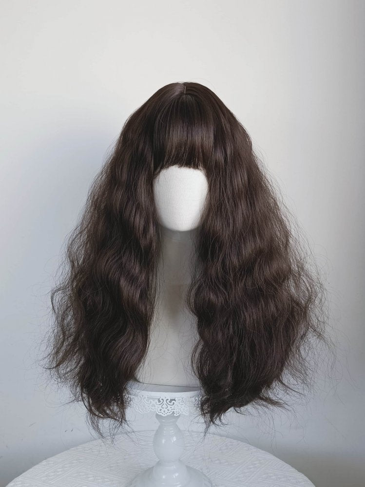 Long Wavy Dark Chocolate Brown Wig with Bangs