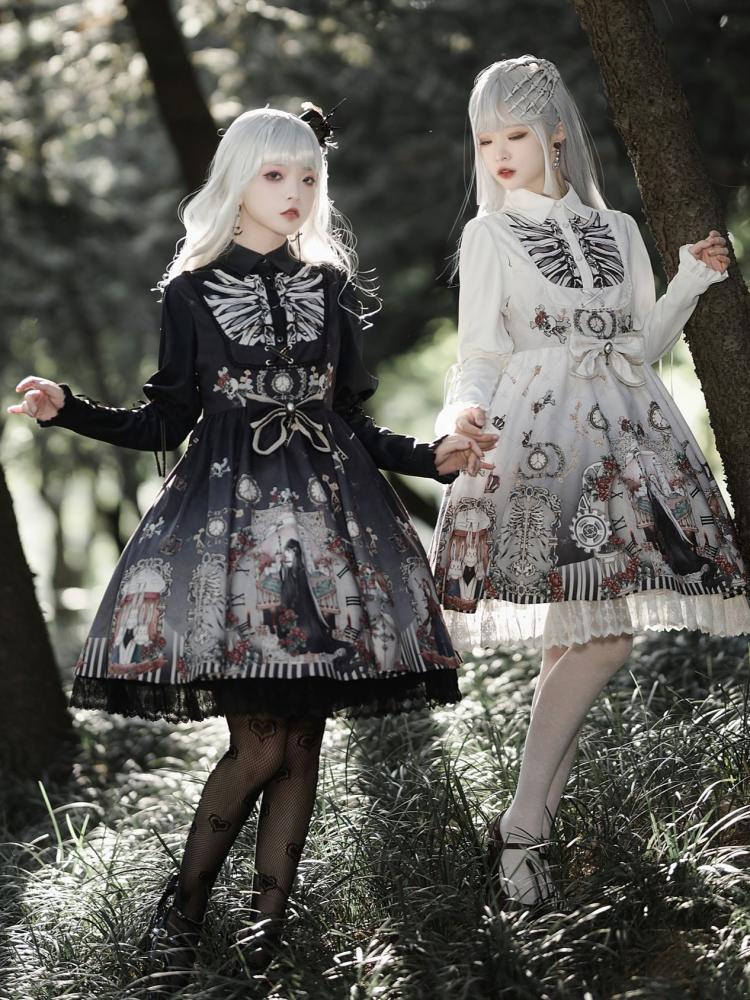 Black/White Fairy Long Leg-of-mutton Sleeves Shirt / U-neckline Jumper Skirt Set