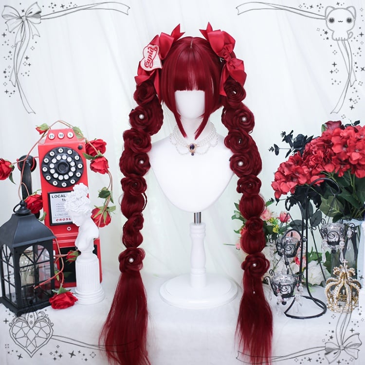 Carmine Red Short Wig + Hand Braided Roses Double Ponytails