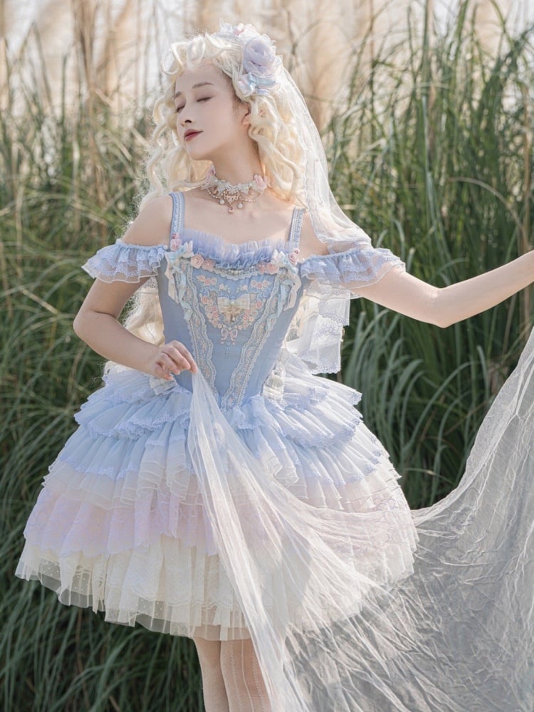 Blue Princess Corset Dress Floral Embroidery Jumper Skirt - Sukuroi