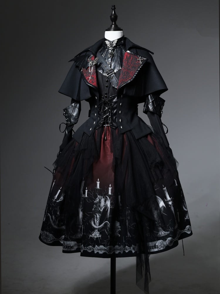 Dragon's Breath Black and Red Dragon and Candle Print Gothic Skirt with Straps - Sukuroi