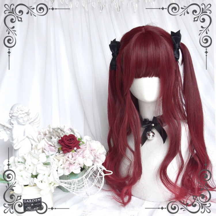 Dark Wine Red Long Wavy Synthetic Wig with Full Bangs