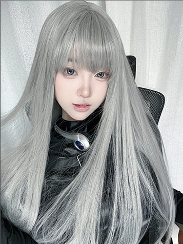 Gray Long Straight Synthetic Wig with Air Bangs