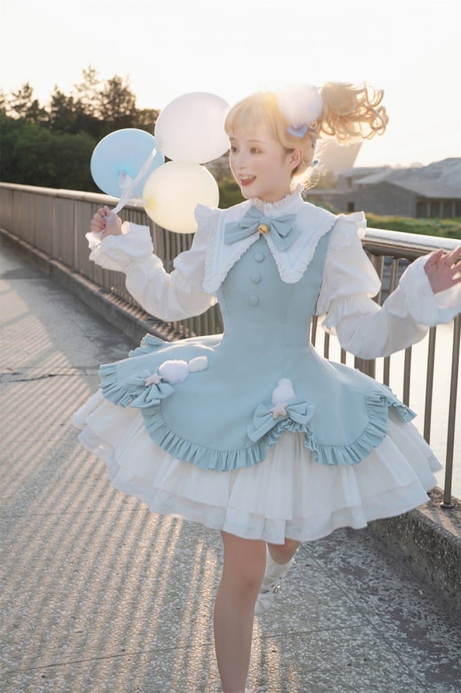 Blue Pointed Collar Pompoms Bowknot Long Sleeves One Piece