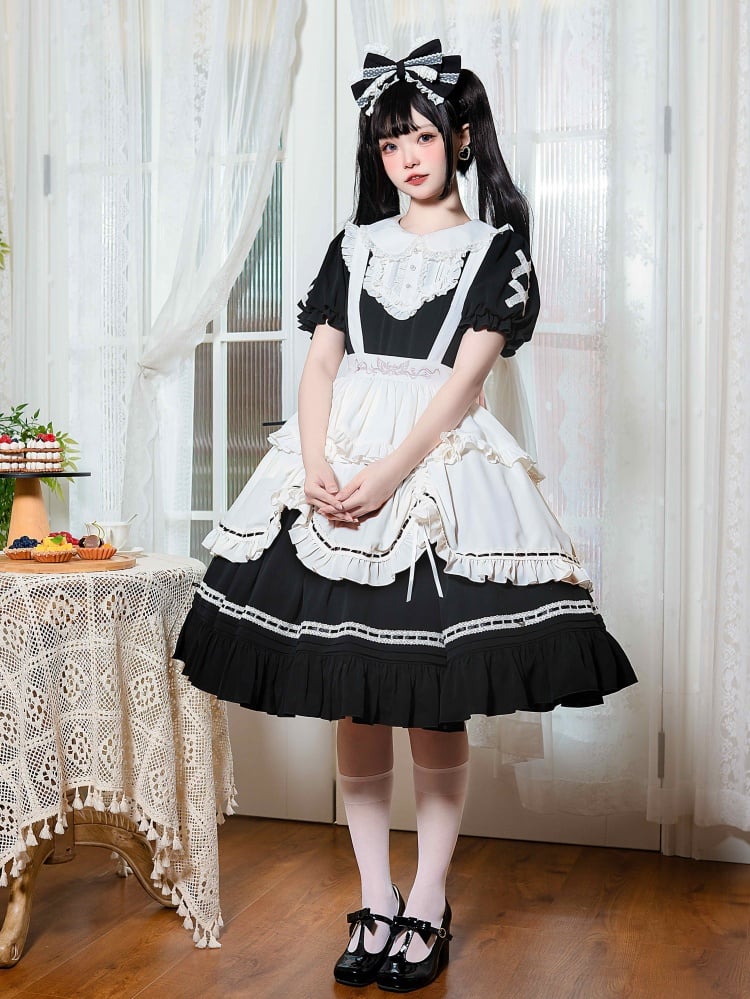 Black / White Peter Pan Collar Maid One Piece + Apron Set