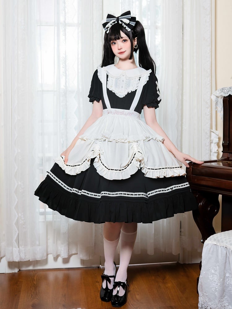 Black / White Peter Pan Collar Maid One Piece + Apron Set