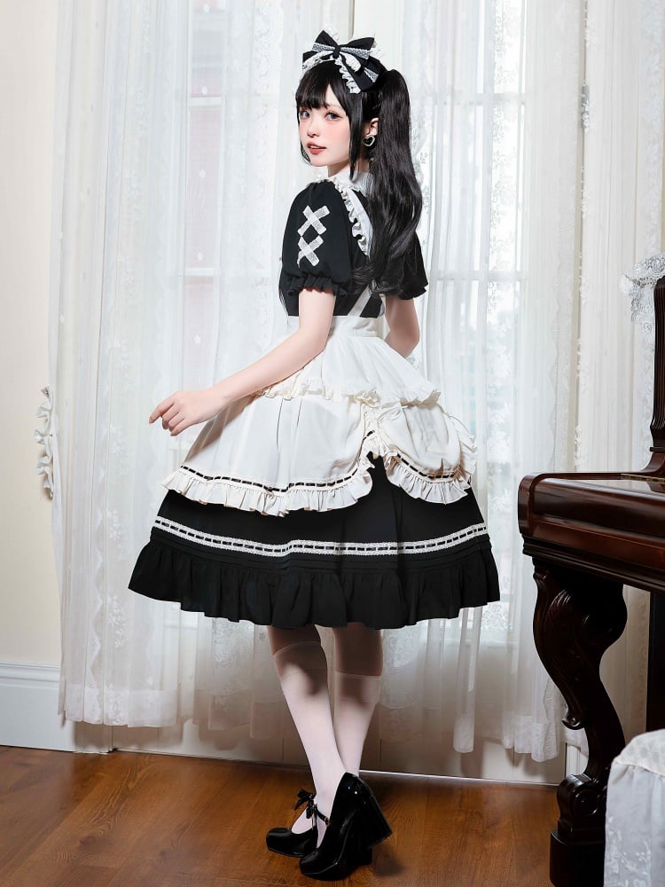 Black / White Peter Pan Collar Maid Dress One Piece