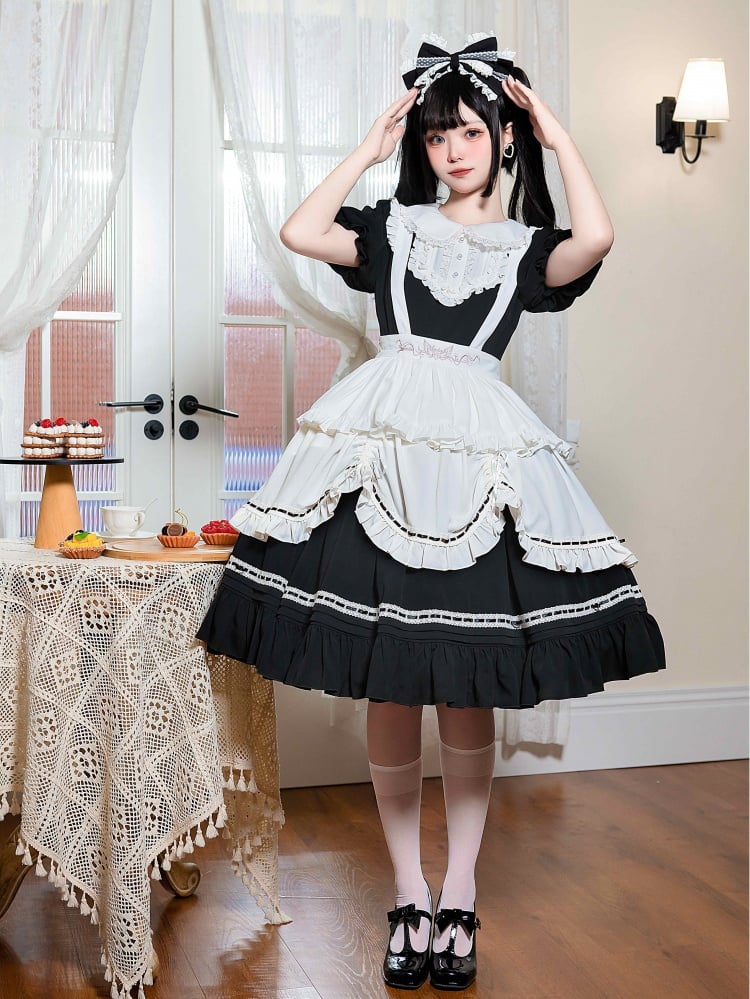 Black / White Peter Pan Collar Maid One Piece + Apron Set