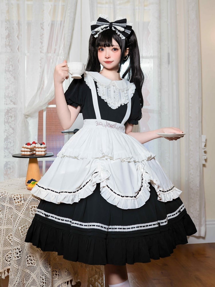 Black / White Peter Pan Collar Maid One Piece + Apron Set