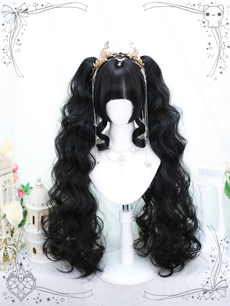 Black Short Straight Wig with Long Wavy Double Ponytails