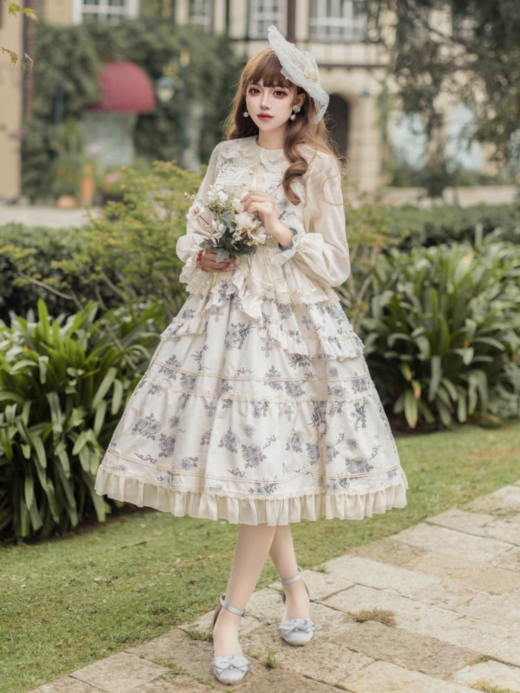 Apricot Elegant Floral Dress Rosette Print Jumper Skirt - Sukuroi