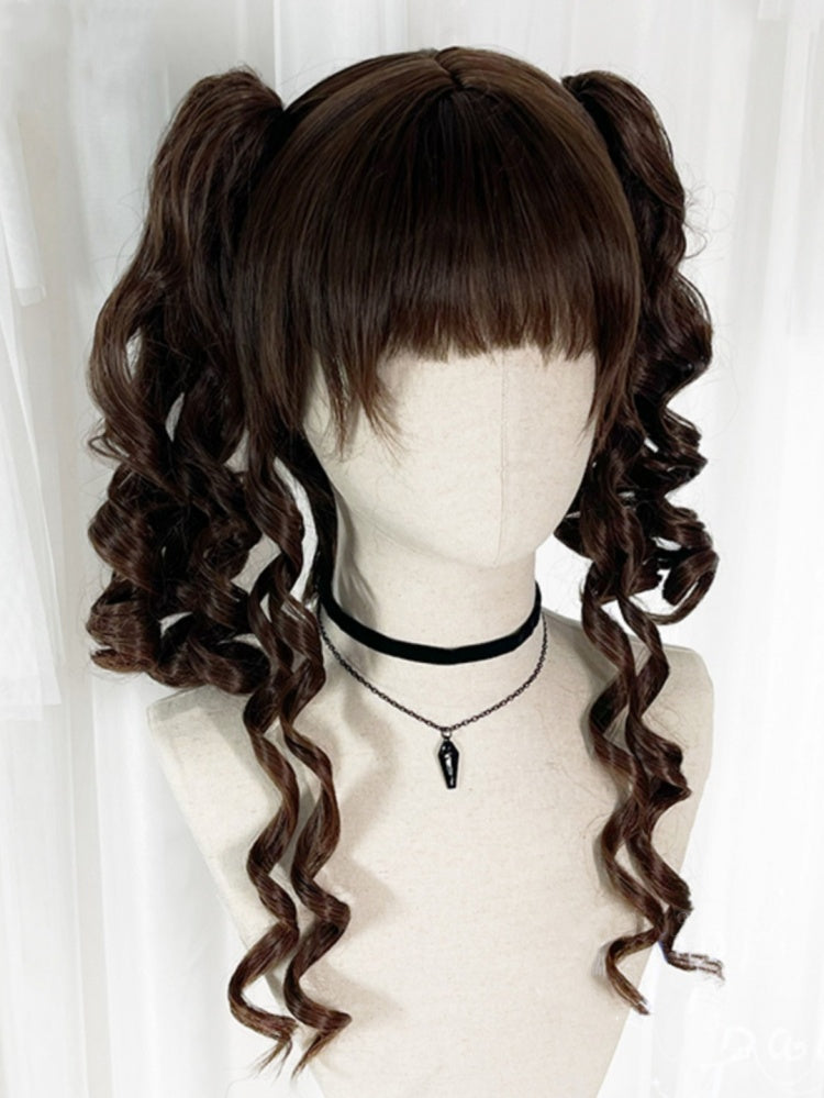 Dark Brown Curly Synthetic Wig with Detachable Ponytails