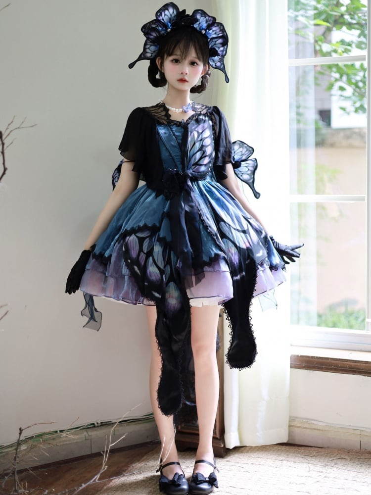 Blue-Purple Butterfly Jumper Skirt Full Set Gothic Princess Dress with Butterfly Train