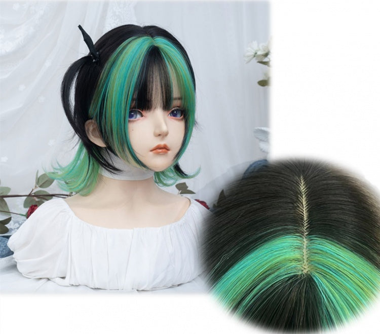 Dip Dyed Blue and Green Highlight Short Synthetic Wig