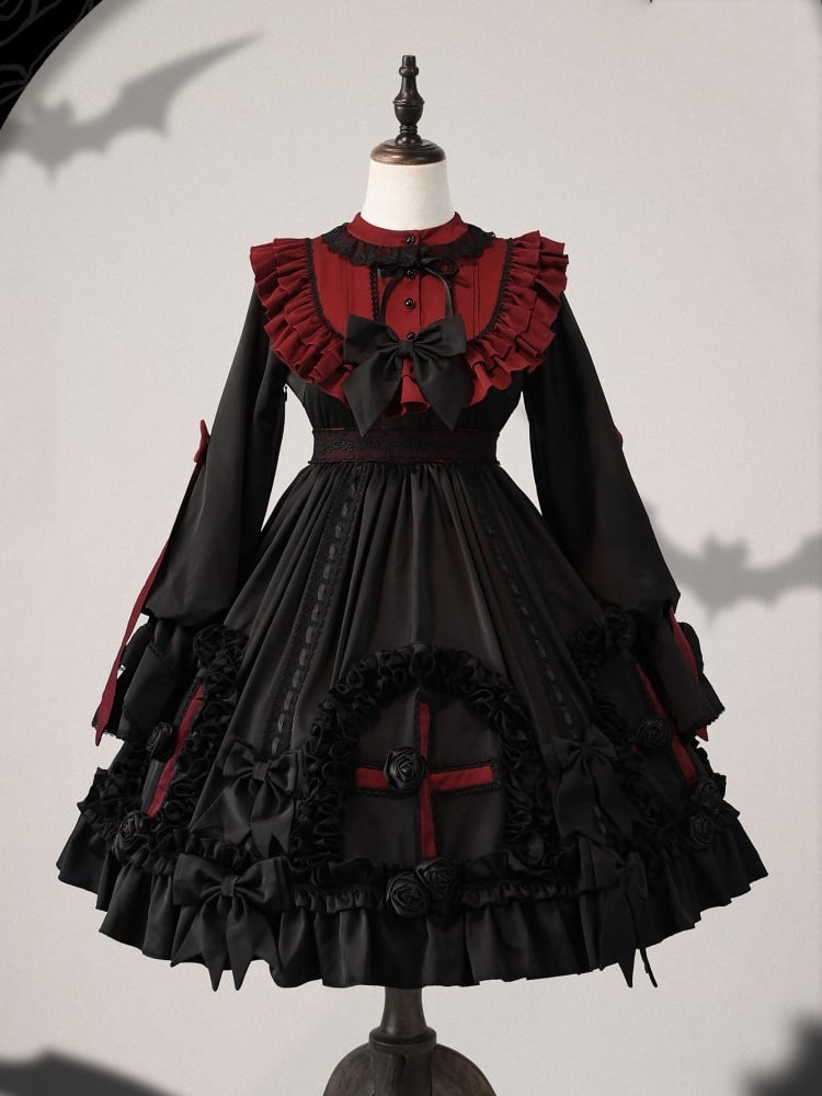 Black and Red Gothic Empire Waist One Piece Cross Pattern and Roses Hem