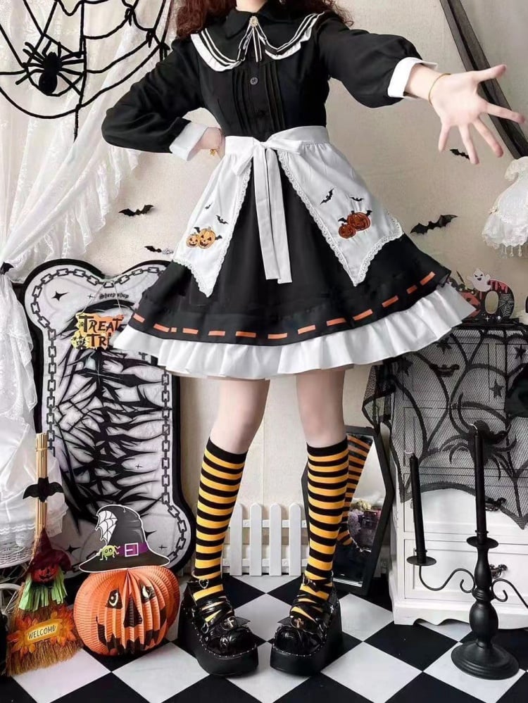 Halloween Sweet Witch Dress Full Set-Black One Piece+Pumpkin Embroidery Cape+White Apron+Bow Train