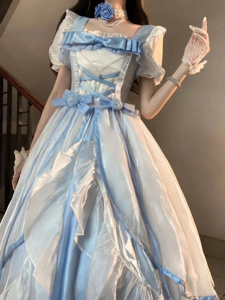 White and Blue Princess Dress Puff Sleeves Gorgeous One Piece