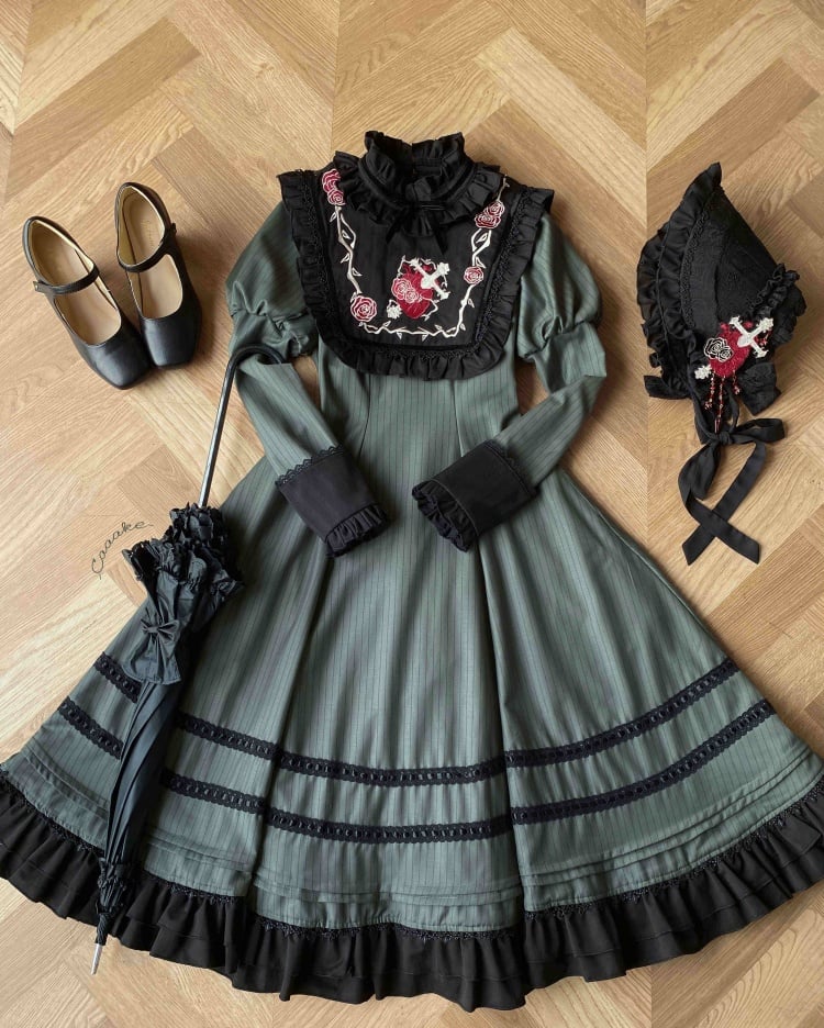 Black and Green Gothic Ruffle Neckline Juliette Sleeves One Piece