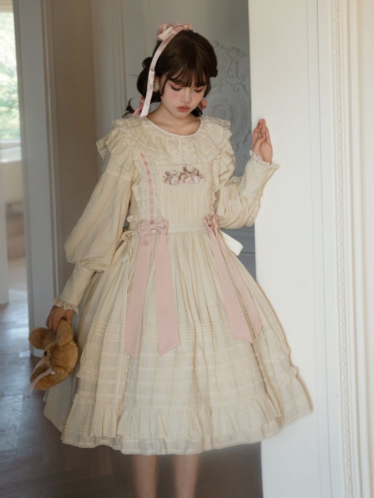 Creamy Cotton Ruffle Trim and Pleating Details Long Sleeves One Piece