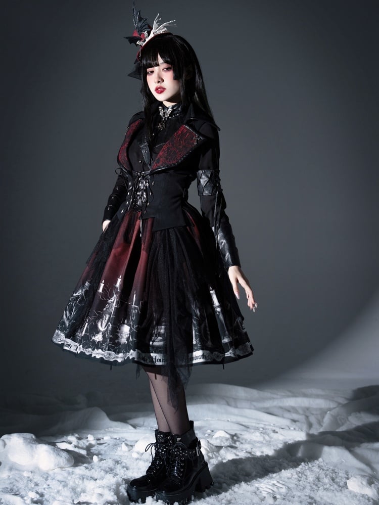 Dragon's Breath Black and Red Dragon and Candle Print Gothic Skirt with Straps - Sukuroi