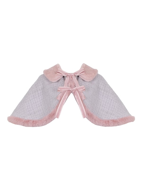 Gray and Pink Plush Hemline Tweed Jumper Skirt + Cape - Sukuroi