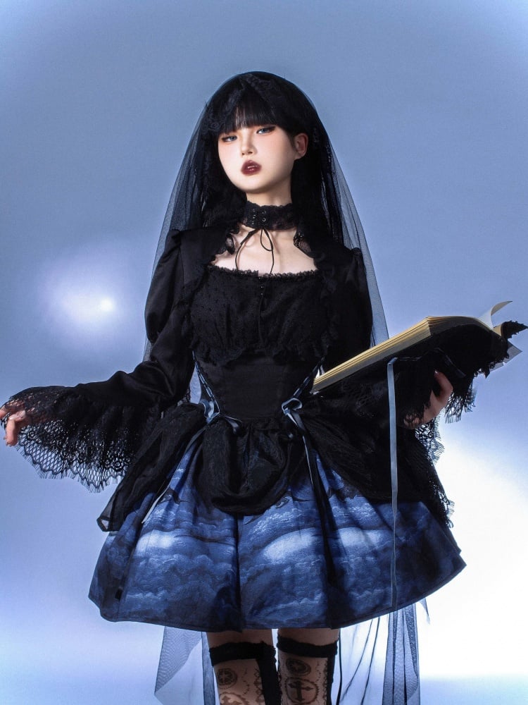 Gothic Bolero Design Bodice Bell Cuffs One Piece Black and Blue