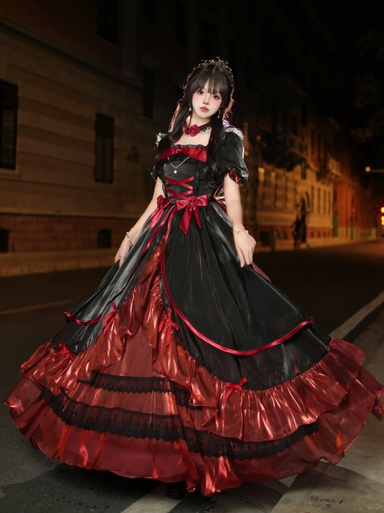 Black and Red Elegant Princess Dress Puff Sleeves Gorgeous One Piece