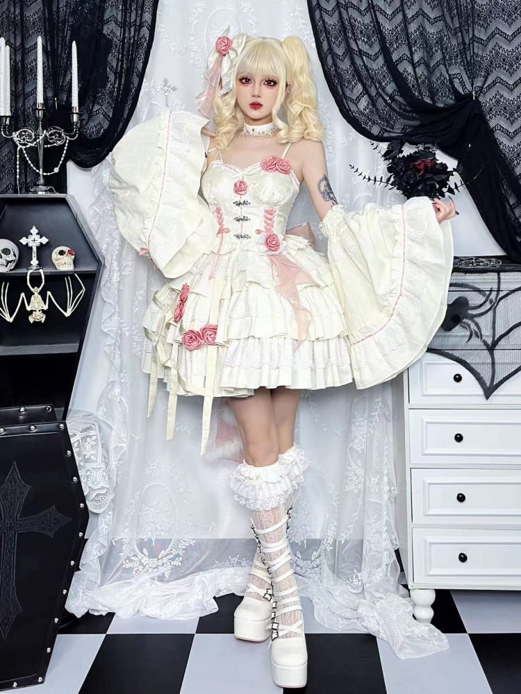 White and Pink Rosette Jumper Skirt Pastel Goth Jacquard Dress/Full Set with Birdcage Skirt