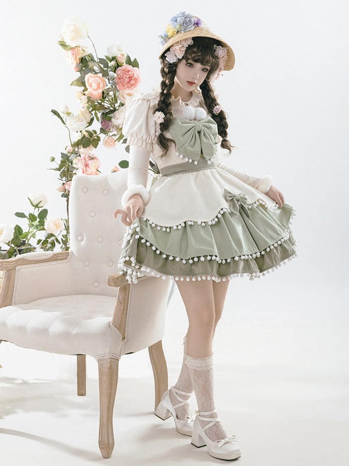 Pompoms Trimmed Tiered Hem Green and Beige Jumper Skirt