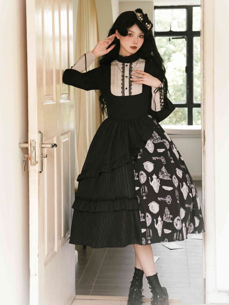 Candlestick and Teapot Print Black Under Bust Jumper Skirt