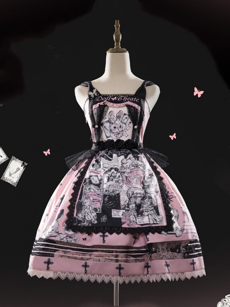 Black and Pink Sweet Bunny Print Jumper Skirt with Detachable Apron - Sukuroi