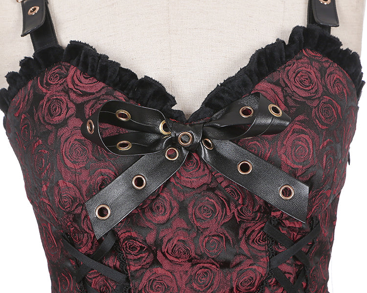 Rose Pattern Wine Red Sweetheart Neckline Gothic Jumper Skirt Lace-up Detail