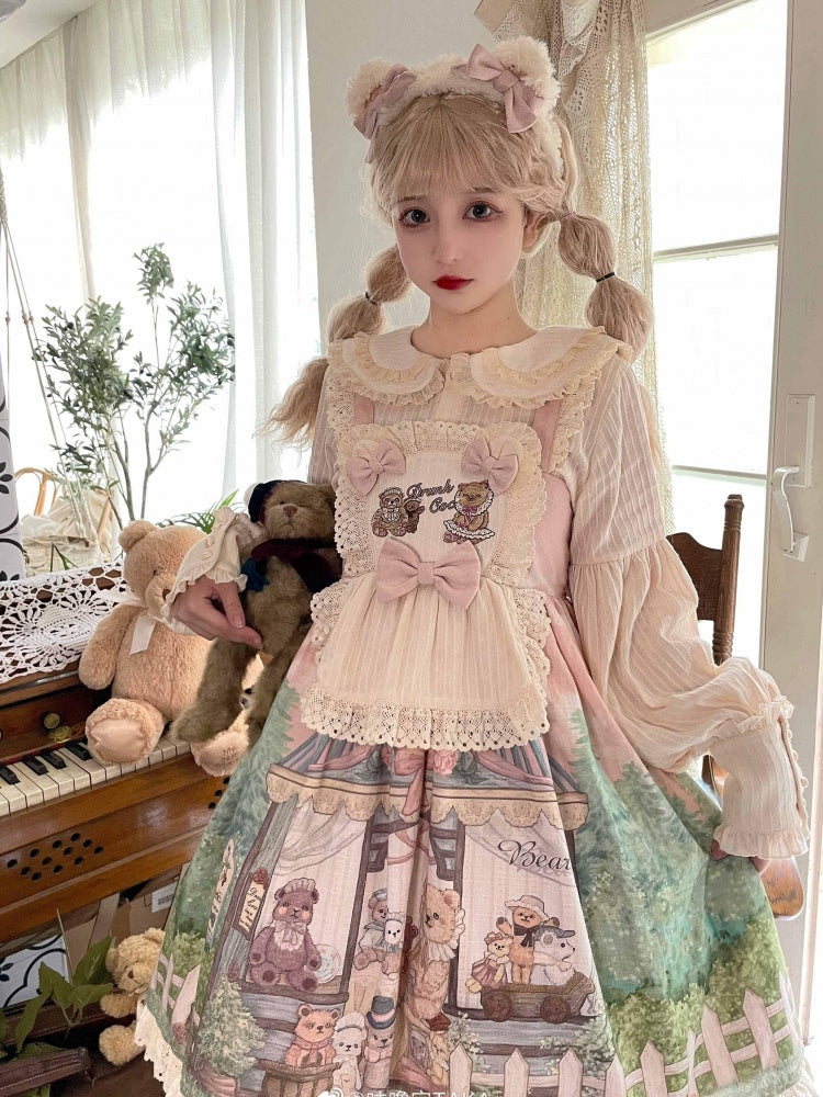 Anniversary Teddy Bear Print Hem Embroidery Ruffle Bodice Jumper Skirt