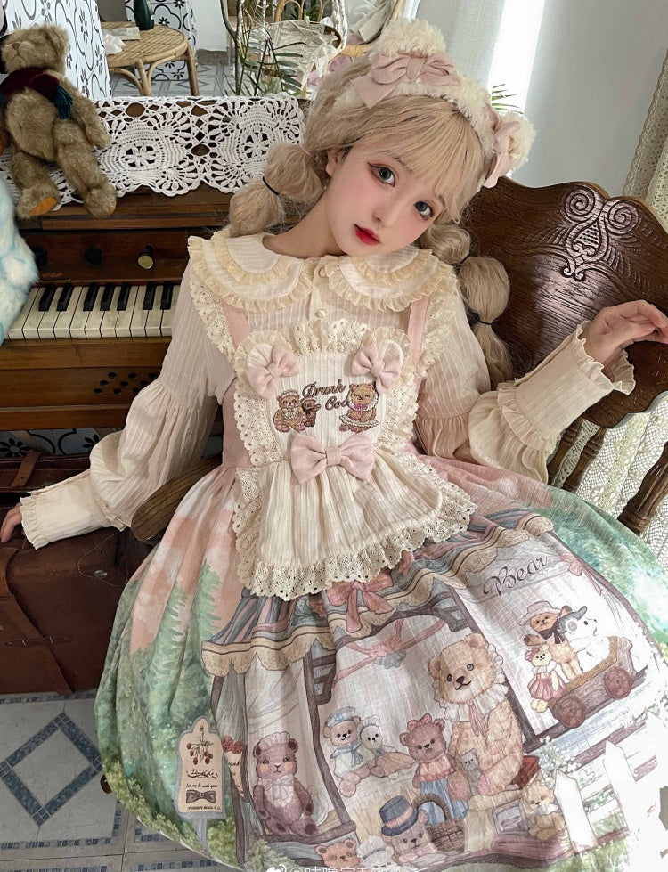 Anniversary Teddy Bear Print Hem Embroidery Ruffle Bodice Jumper Skirt