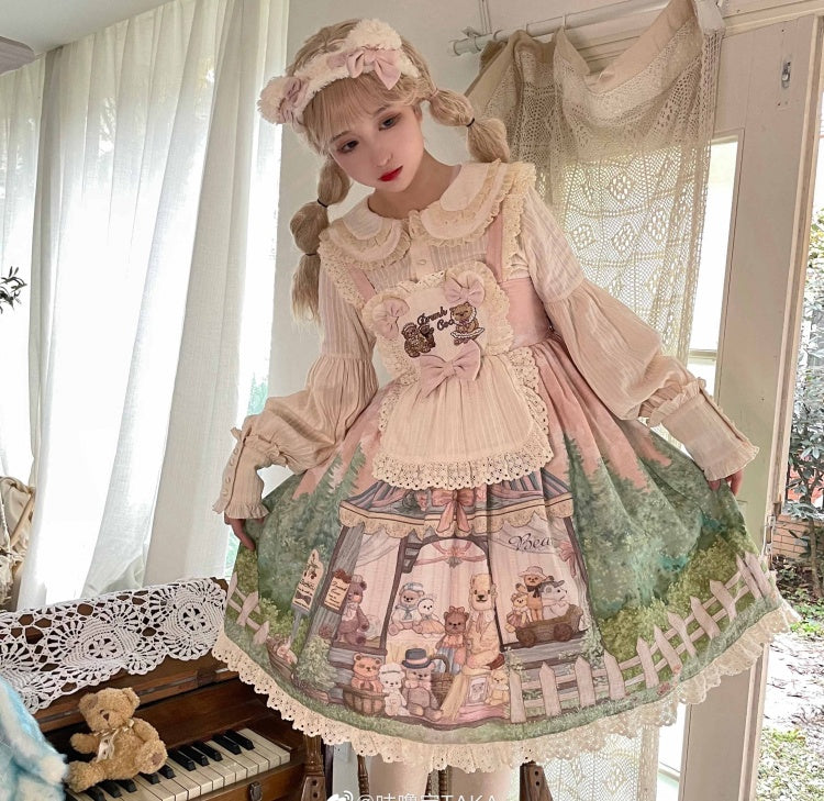 Anniversary Teddy Bear Print Hem Embroidery Ruffle Bodice Jumper Skirt