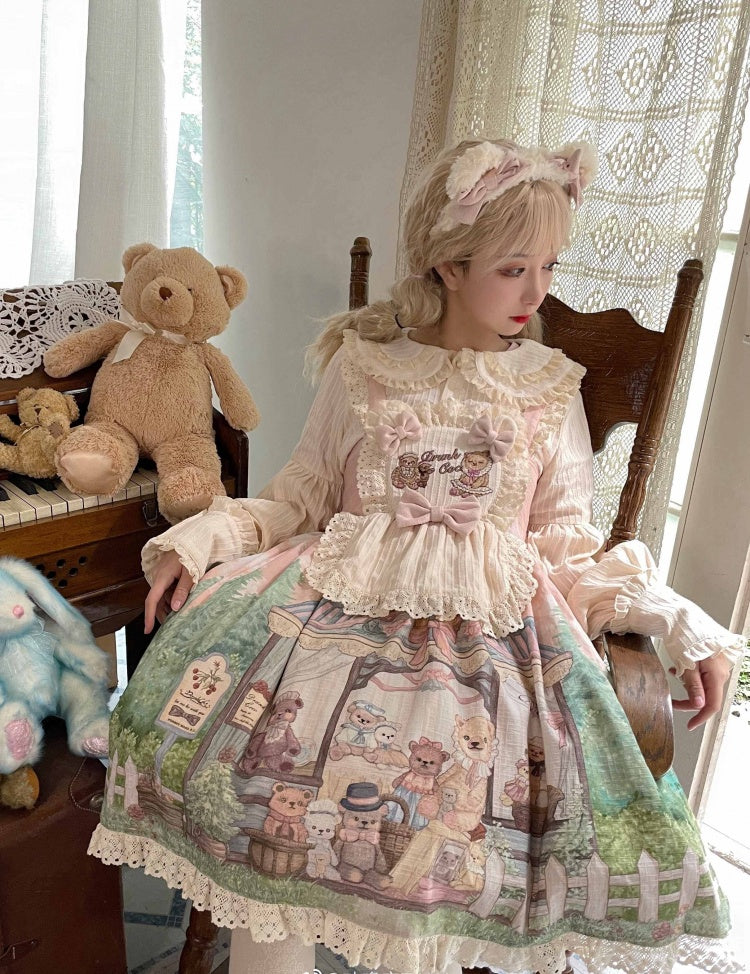 Anniversary Teddy Bear Print Hem Embroidery Ruffle Bodice Jumper Skirt