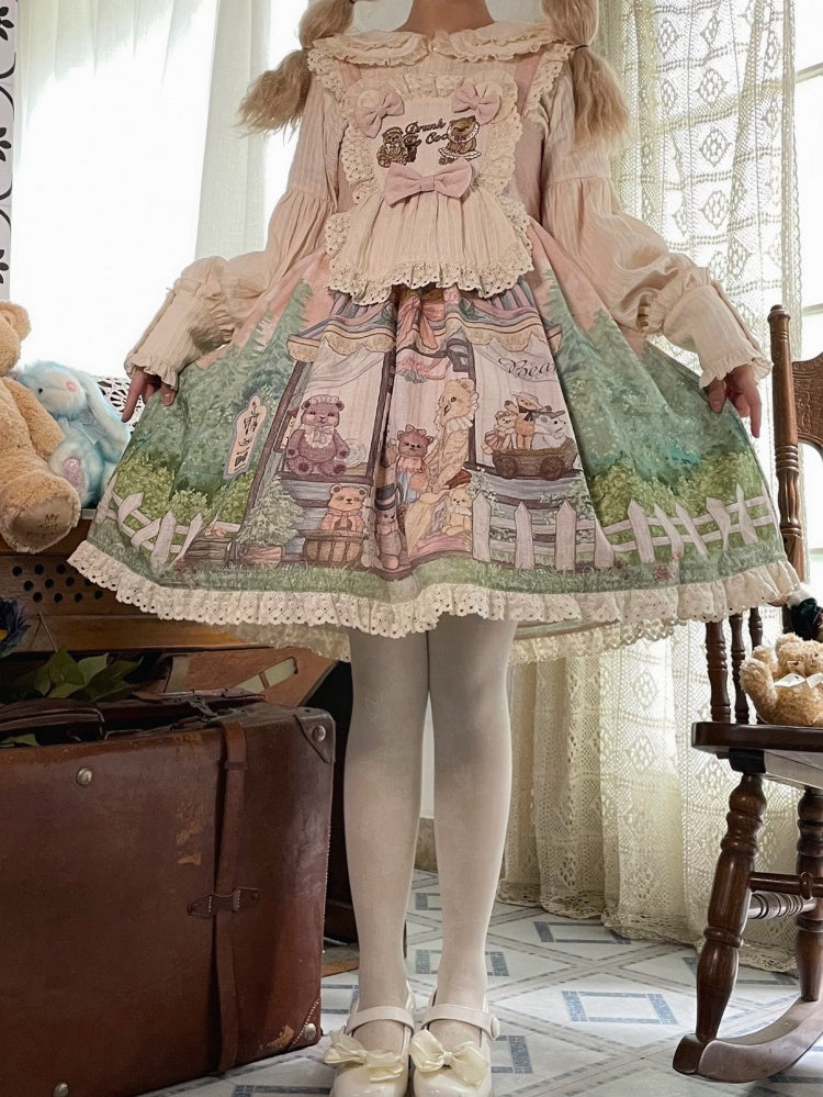 Anniversary Teddy Bear Print Hem Embroidery Ruffle Bodice Jumper Skirt