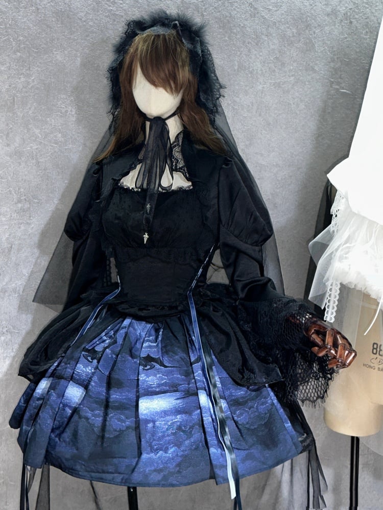 Gothic Bolero Design Bodice Bell Cuffs One Piece Black and Blue