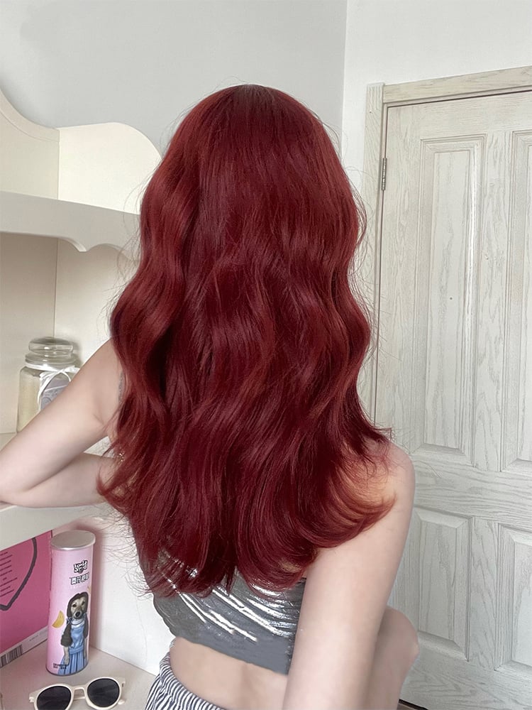 Full Bangs Medium Wavy Wine Red Synthetic Wig