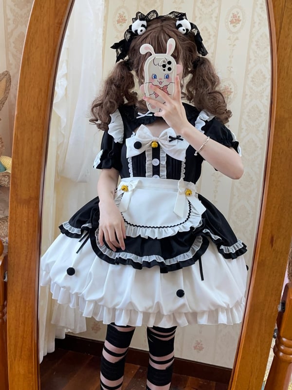 Black and White Sweet Maid One Piece with Sleeves and Apron