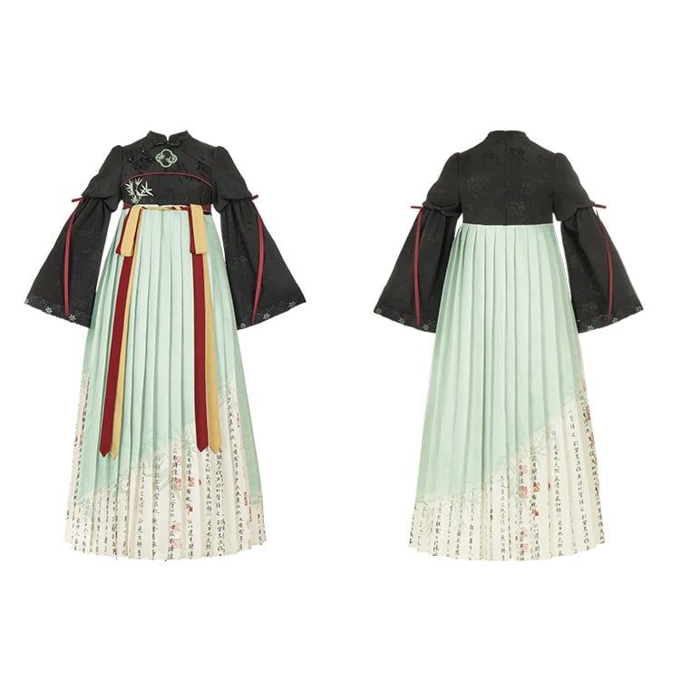 Cheongsam Collar Bamboo Embroidery Han Pleated Dress Green and Black