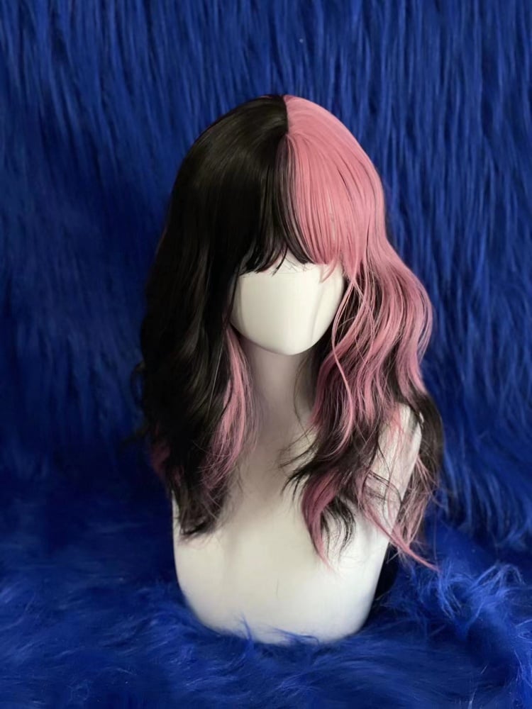 Highlight Hair Color Black and Pink Wavy Synthetic Wig