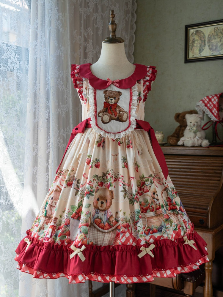 Bear Embroidery and Strawberry Print Red Sweet Jumper Skirt