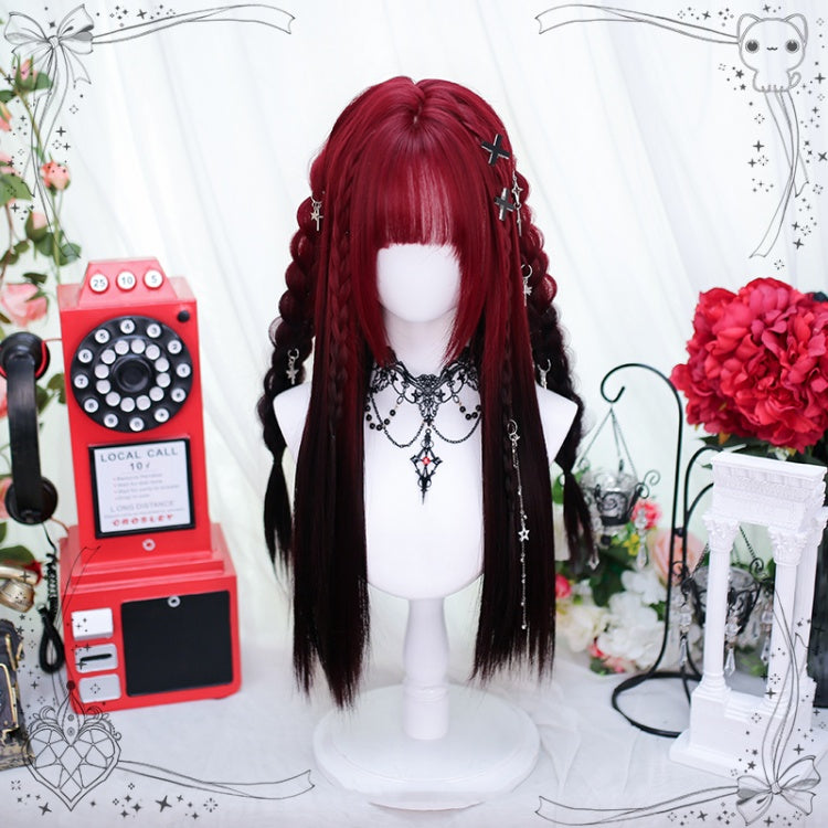 Red and Black Long Straight Synthetic Wig