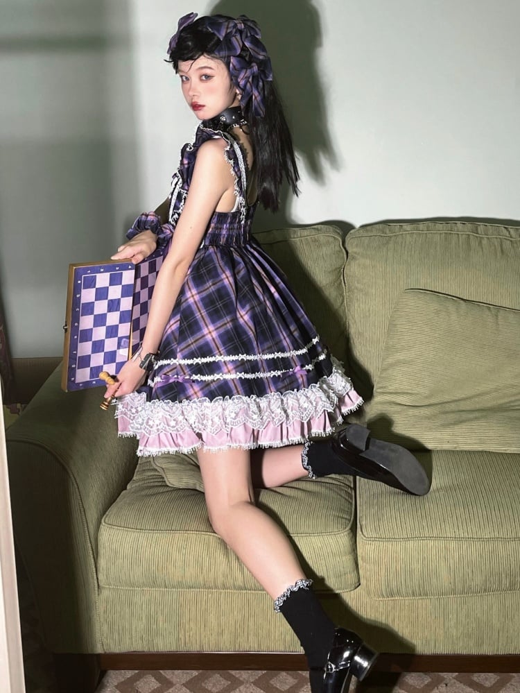 Clearance-Free Size for Bust 96CM Black and Purple Square Neckline Empire Waist Sweet Jumper Skirt