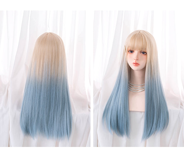 Apricot to Light Blue Ombre Long Straight Synthetic Wig