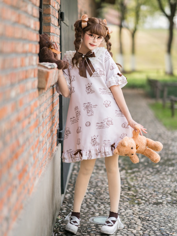 Detective Meow Ruffled Collar Short Sleeves Sweet One Piece