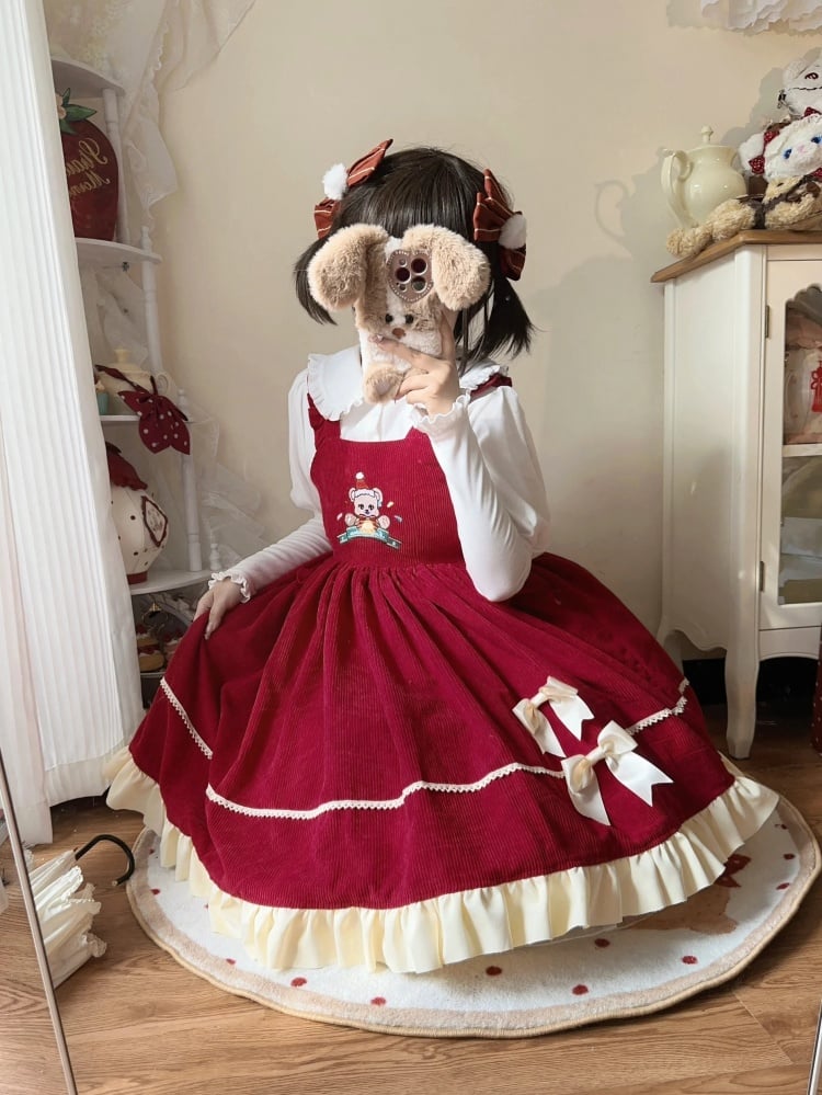 Red Christmas Bear Embroidery Bodice High Waist Jumper Skirt