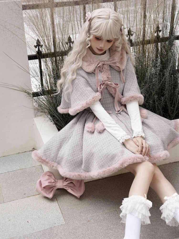 Gray and Pink Plush Hemline Tweed Jumper Skirt + Cape - Sukuroi