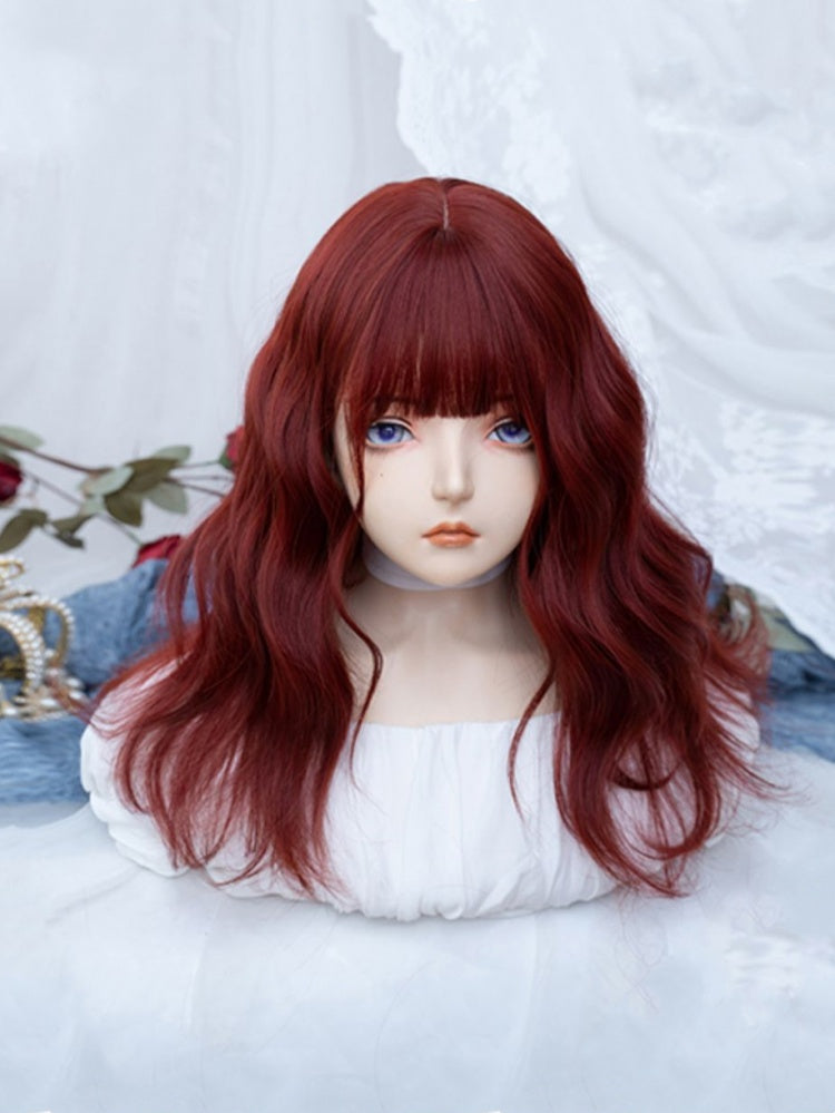 Full Bangs Medium Wavy Wine Red Synthetic Wig